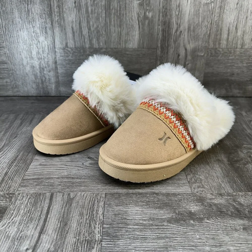 Hurley Kimmie-T Slippers Kids Size 9 Tan Faux Fur Cozy Moccasin NEW